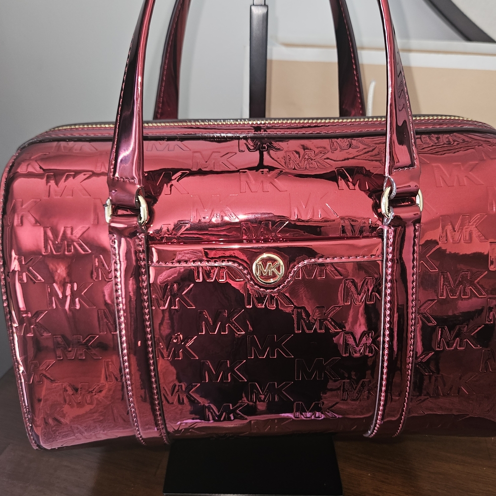 Michael Kors Metallic Rose Pink MK-Embossed Satchel
